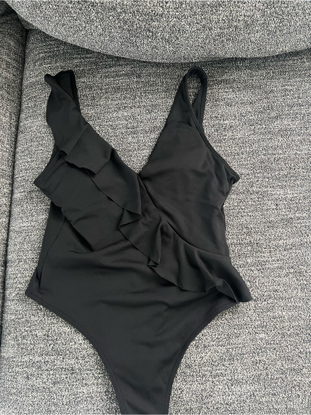 Fashion Nova Black One-Piece Swimsuit with Ruffle Detail